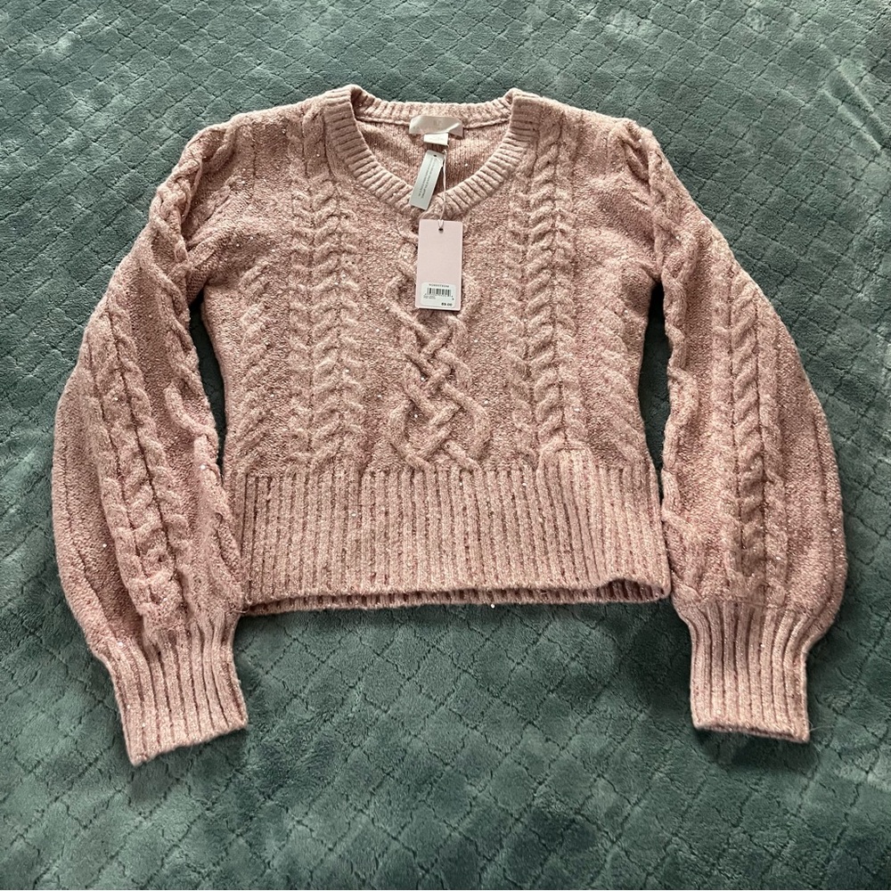 Rachel Parcell Sequin Cable Knit V-Neck Sweater Pink Smoke RA421846MI NWT Small